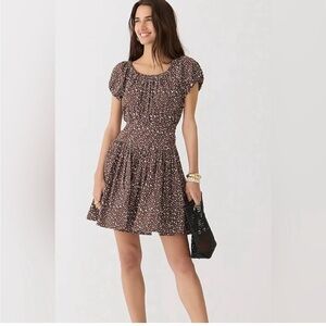 J. Crew Brown and White Pleated Puff Sleeve Sundress